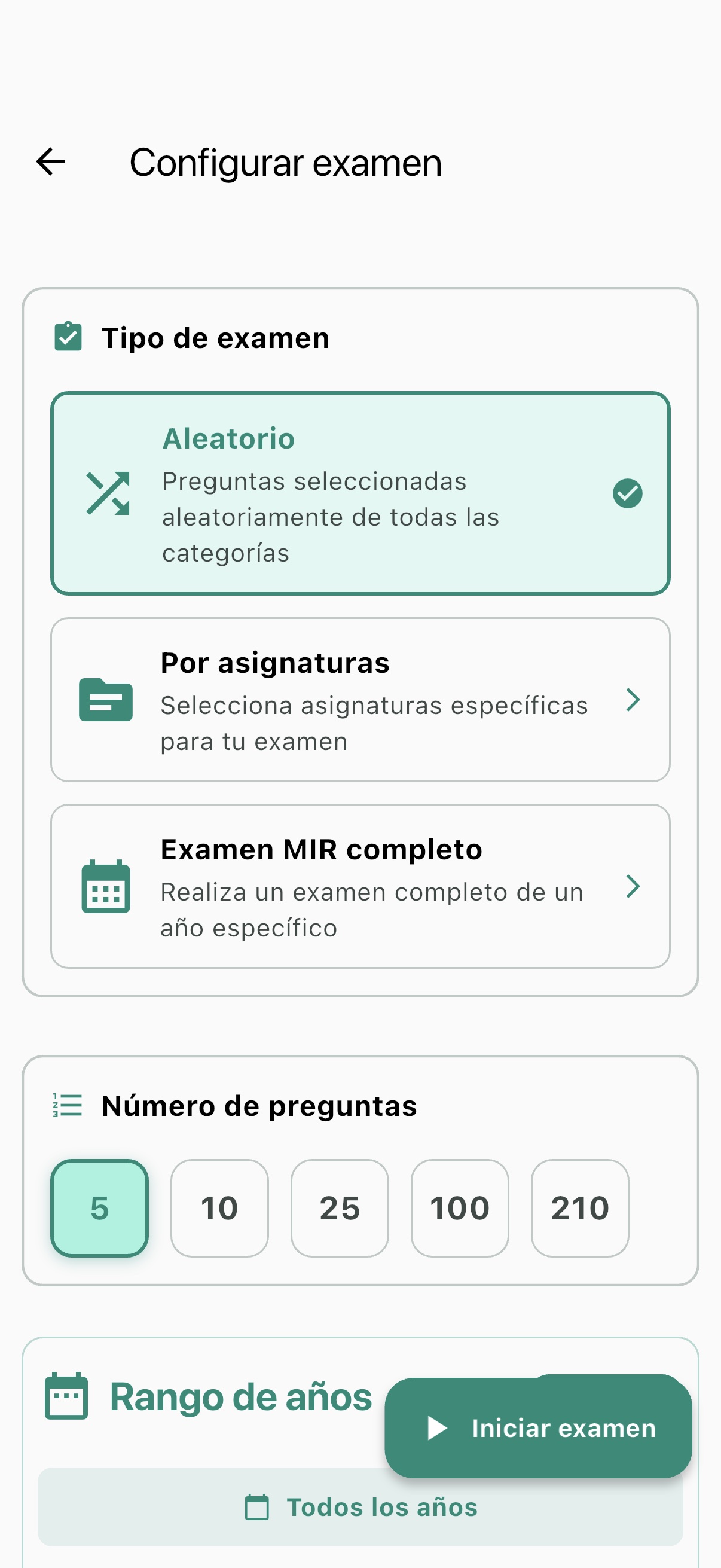 Pantalla real de MirMeApp para configurar una sesión de preguntas.